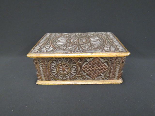 Appraisal: Early German Carved Wooden Box handwrought hinges and lock a