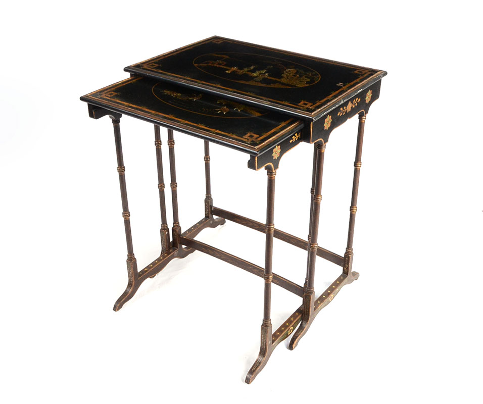 Appraisal: CHINOISERIE DECORATED NEST OF BLACK LACQUER TABLES Pair of nesting