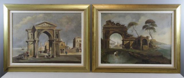 Appraisal: Pair of Vintage Antique Oil on Canvas ItalianScenes Unsigned From