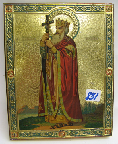 Appraisal: A RUSSIAN ICON depicting St Vladimir holding a large crucifix