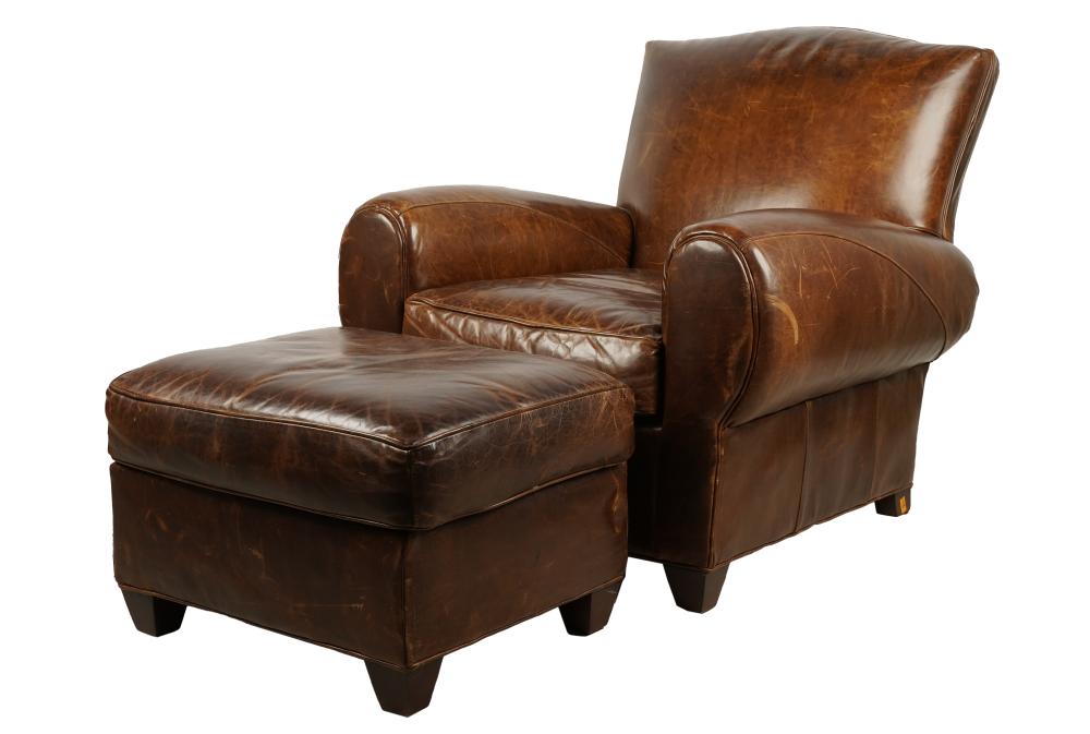 Appraisal: RESTORATION HARDWARE BROWN LEATHER CLUB CHAIR OTTOMANCondition with surface scratches