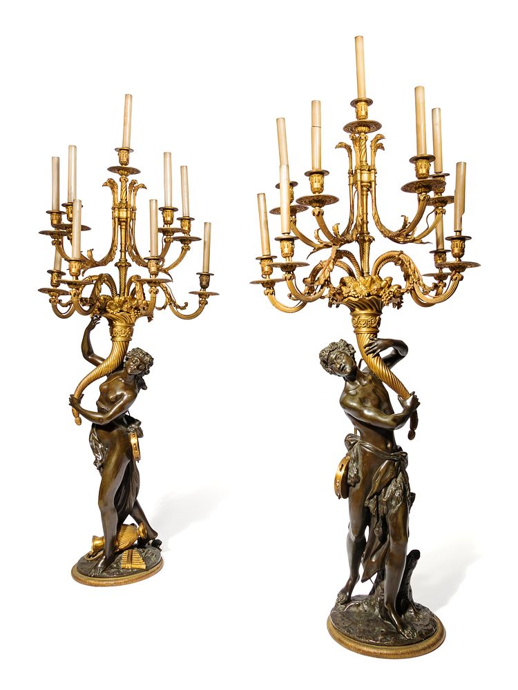 Appraisal: A Pair of Large Gilt and Patinated Bronze Figural Nine-Light