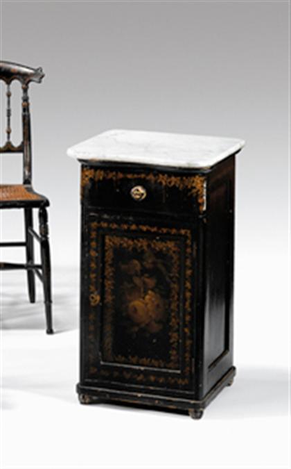 Appraisal: Rococo revival paint-decorated lacquered marble top night stand stenciled mark