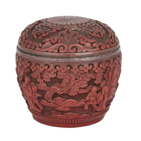 Appraisal: A Copper Bone Carved Cinnabar Lacquer Chess Jar Qing Dynasty