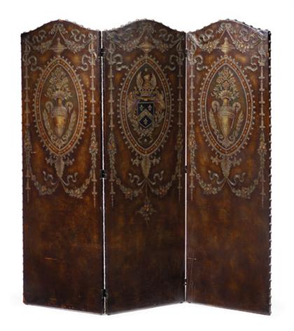 Appraisal: Continental three-panel leather screen Each panel embossed with floral and