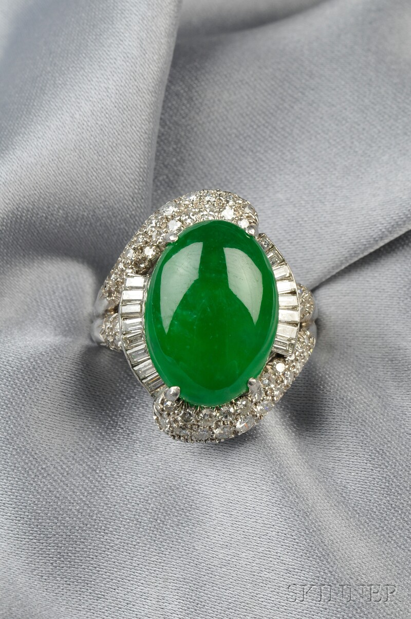 Appraisal: Platinum Jadeite and Diamond Ring set with a cabochon jadeite