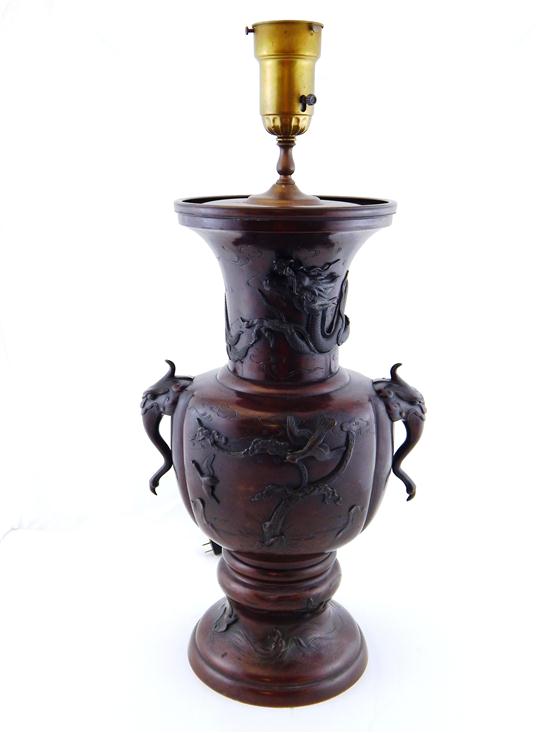 Appraisal: ASIAN Chinese bronze urn converted to a lamp flared rim