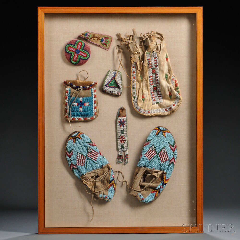 Appraisal: Five Framed Plains Beaded Items includes a pair of Cheyenne