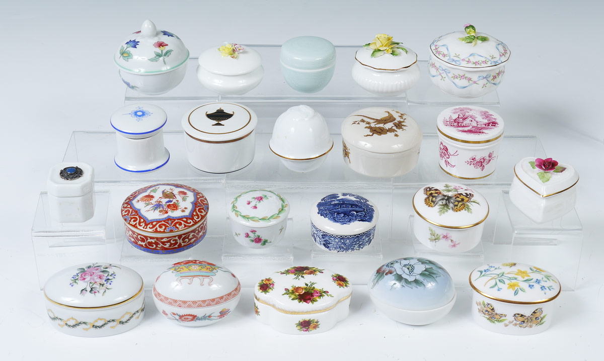 Appraisal: MINIATURE CHINA COVERED BOXES Assorted size shape and makers to