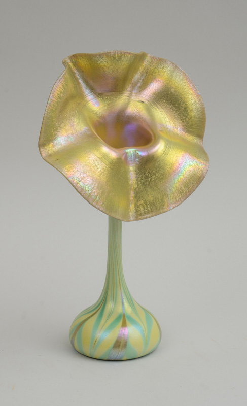 Appraisal: QUEZAL TYPE GLASS JACK IN THE PULPIT VASE Etched with