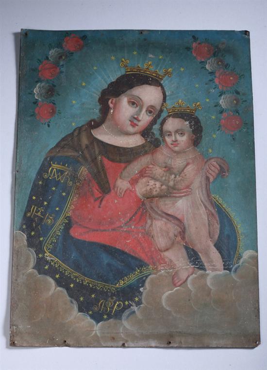 Appraisal: SPANISH COLONIAL RETABLO OF MADONNA AND CHILD th century Oil