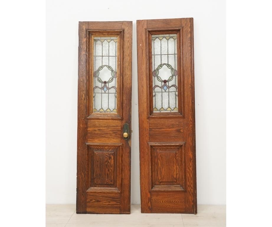 Appraisal: Pair of oak and leaded glass doors circa h x