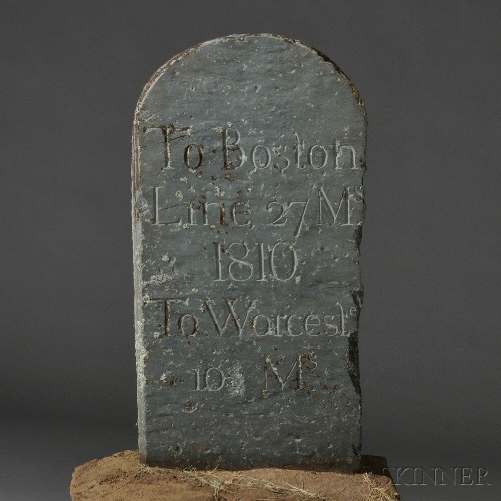 Appraisal: Carved Worcester Turnpike Mile Marker Sign Post c weathered tombstone-shaped