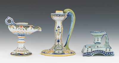 Appraisal: Three French Faience Candleholders Including an H candle holder chamber