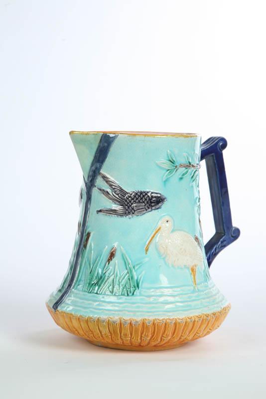 Appraisal: MAJOLICA PITCHER Unattributed Turqoise ground with a stork in a