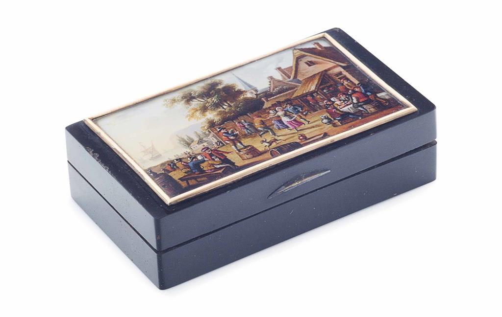 Appraisal: YCONTINENTAL PAINTED AND TORTOISESHELL SNUFF BOX TH CENTURY the rectangular