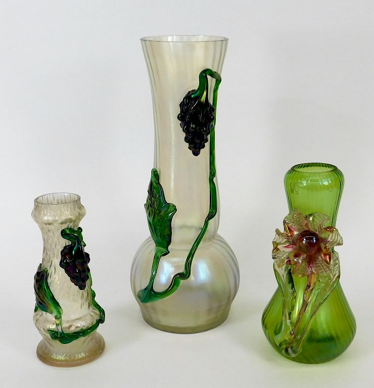 Appraisal: Kralik Applied Grape Flower Bohemian Glass Vases Bohemia th Century