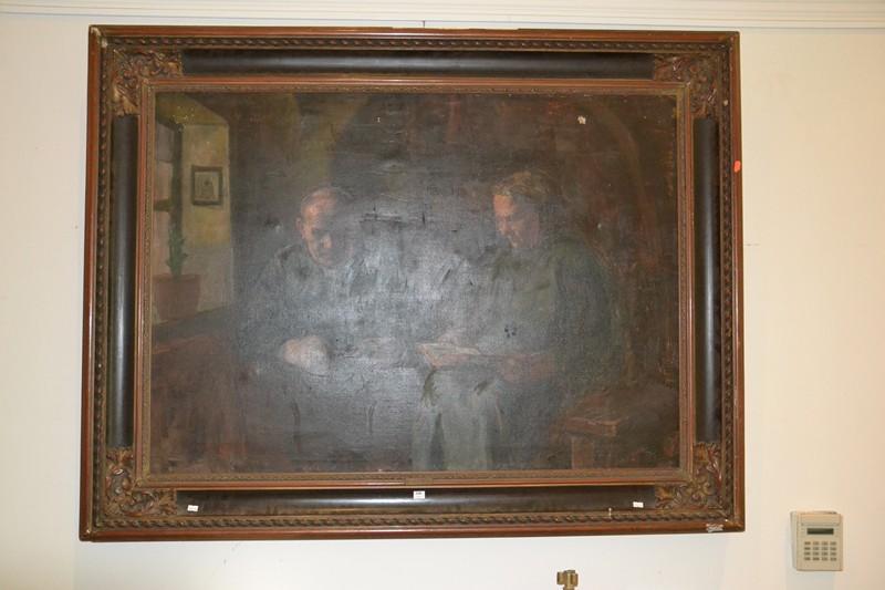 Appraisal: LARGE SCENE OF SEATED ELDERLY COUPLE IN ORNATE FRAME OIL