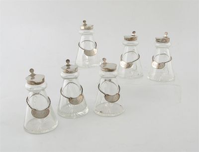 Appraisal: A set of six silver mounted glass whisky tots by