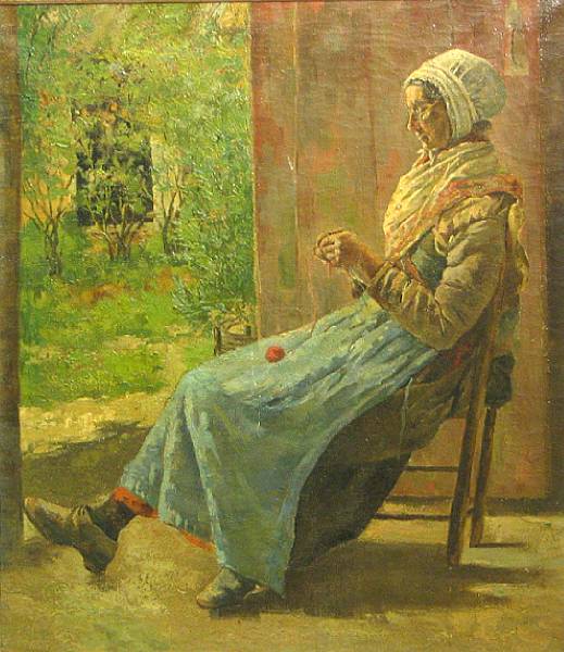 Appraisal: Continental School early th Century A woman knitting in an