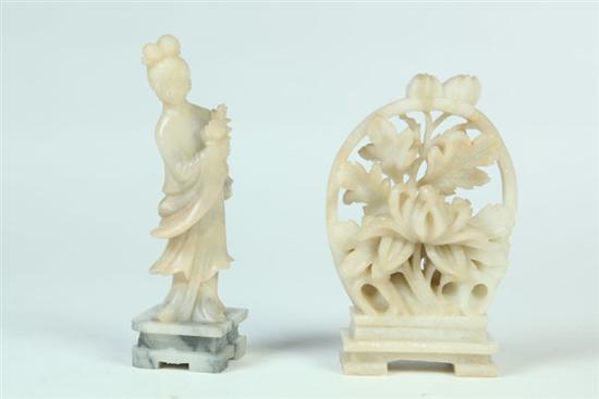 Appraisal: TWO STONE CARVINGS Chinese th century soapstone Includes a lady