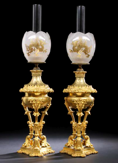 Appraisal: Tall Pair of Napoleon III Gilt-Brass and -Bronze Tripodal Kerosene