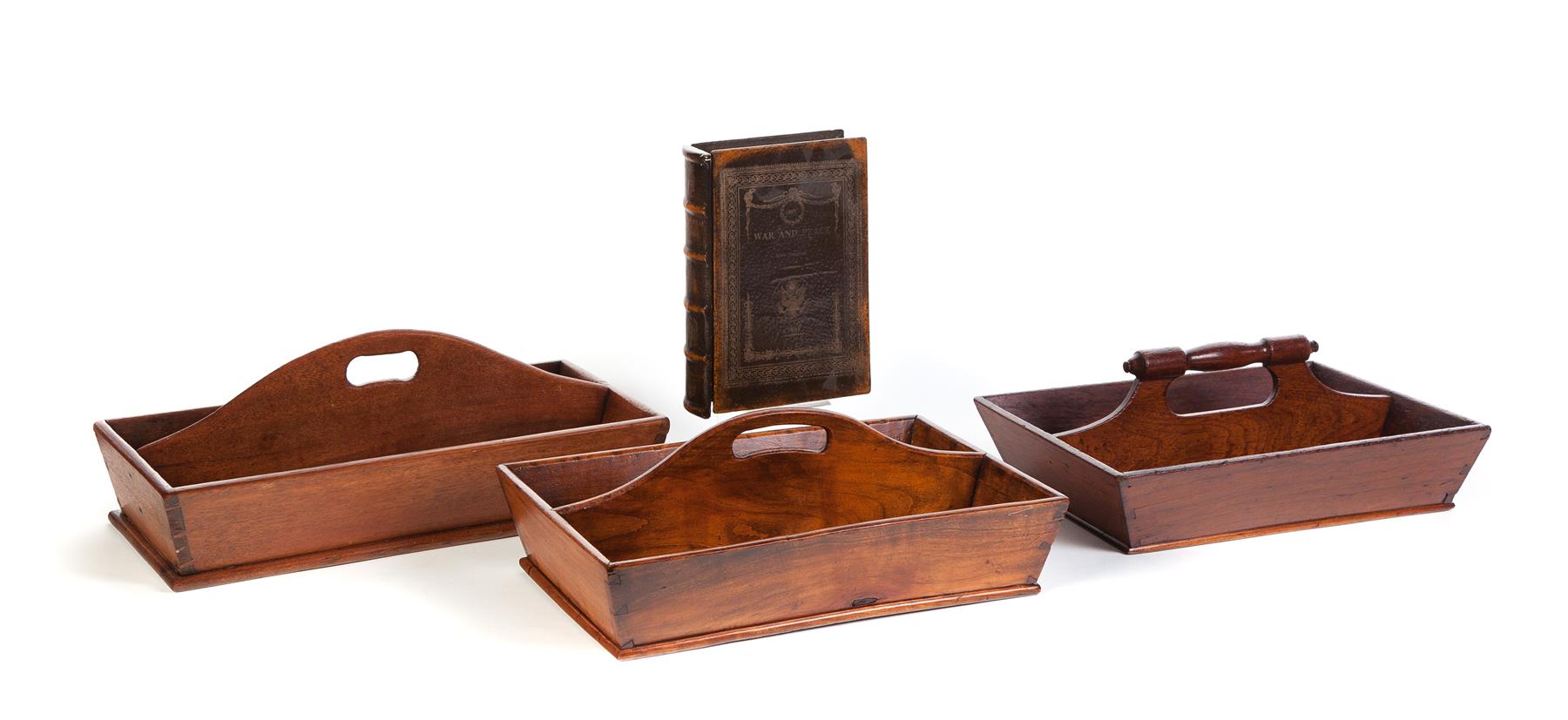 Appraisal: THREE KNIFE TRAYS AND A BOOK BOX American th quarter-