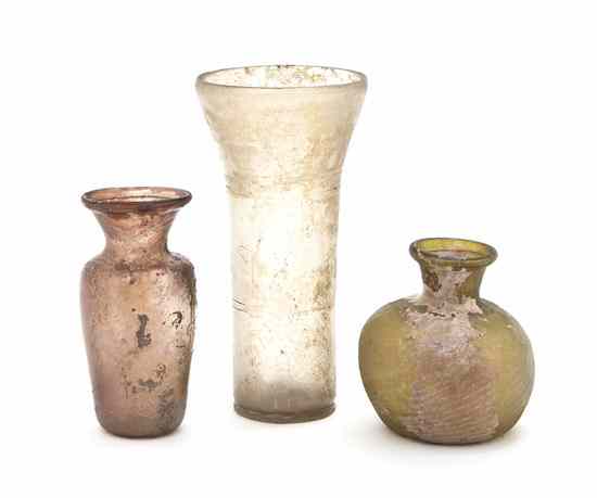 Appraisal: Three Iridescent Glass Vases likely Roman one of tapering cylindrical