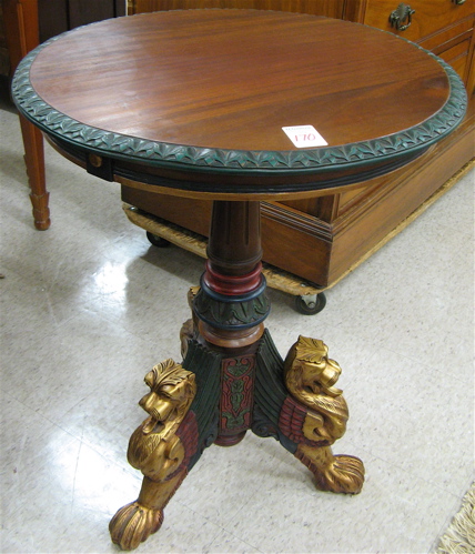 Appraisal: POLYCHROMED AND PARCEL GILT MAHOGANY TRIPOD LAMP TABLE th century