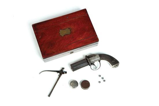 Appraisal: CASED PERCUSSION PEPPERBOX PISTOL England th century Six-shot fluted barrels