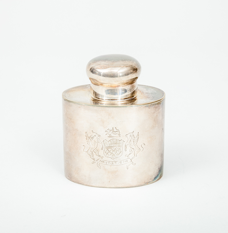 Appraisal: GEORGE II STYLE SILVER-PLATED TEA CADDY Engraved with motto 'Nant