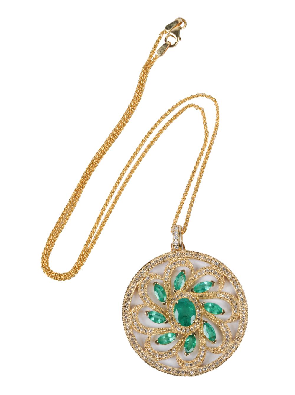 Appraisal: KARAT YELLOW GOLD DIAMOND EMERALD PENDANT NECKLACEcentering one oval mixed