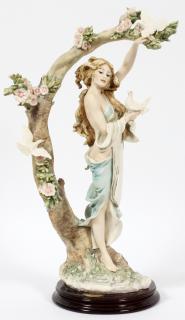 Appraisal: GIUSEPPE ARMANI BISQUE FIGURE H LADY WITH DOVES plus wood