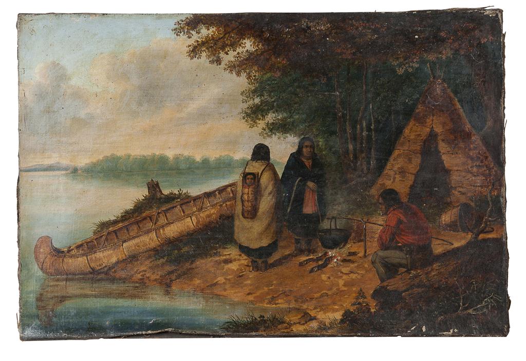 Appraisal: TH CENTURY NORTH AMERICAN SCHOOL NATIVE AMERICANS BY A LAKE