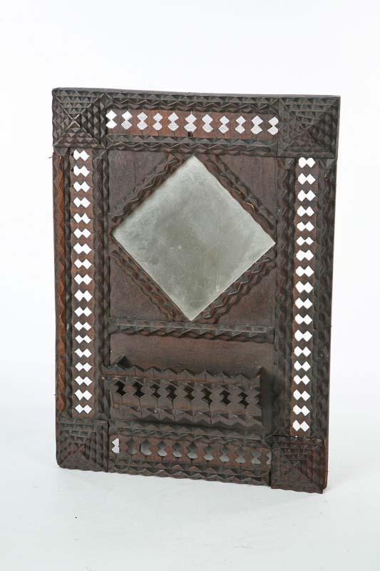 Appraisal: TRAMP ART WALL POCKET With a diamond shaped mirror h