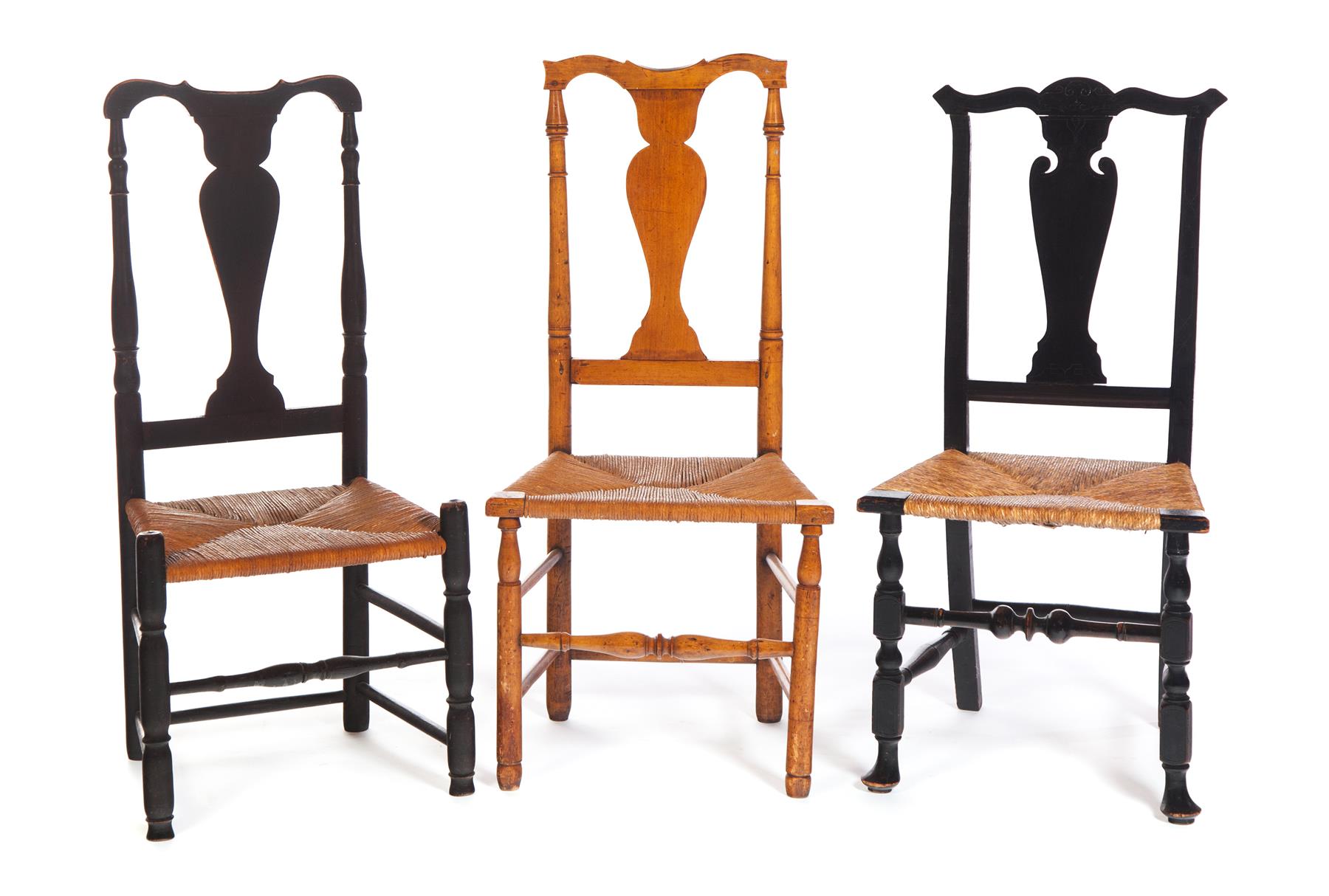 Appraisal: THREE AMERICAN COUNTRY QUEEN ANNE SIDE CHAIRS Mid th century