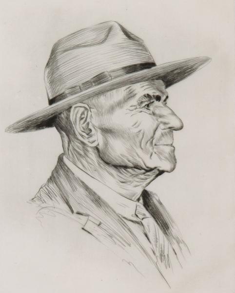 Appraisal: LYMAN BYXBE - PENCIL SIGNED ETCHINGLyman Byxbe - Veteran Guide