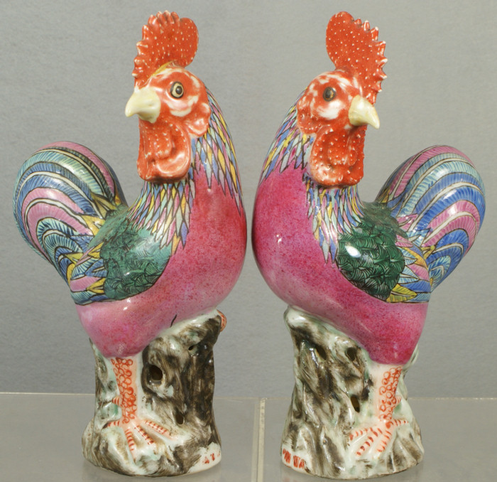 Appraisal: Chinese export porcelain Famille Rose pair of roosters h unmarked