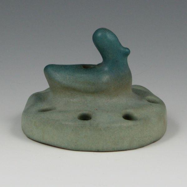 Appraisal: Van Briggle flower frog in Ming Blue with swan figure