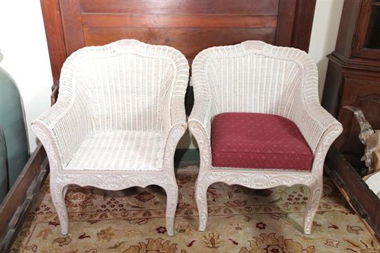 Appraisal: FOUR WICKER AND WOOD ARMCHAIRS Carved shell crest and apron