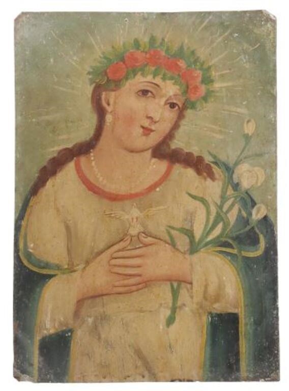 Appraisal: Unframed oil on tin retablo Alma de Maria Soul of