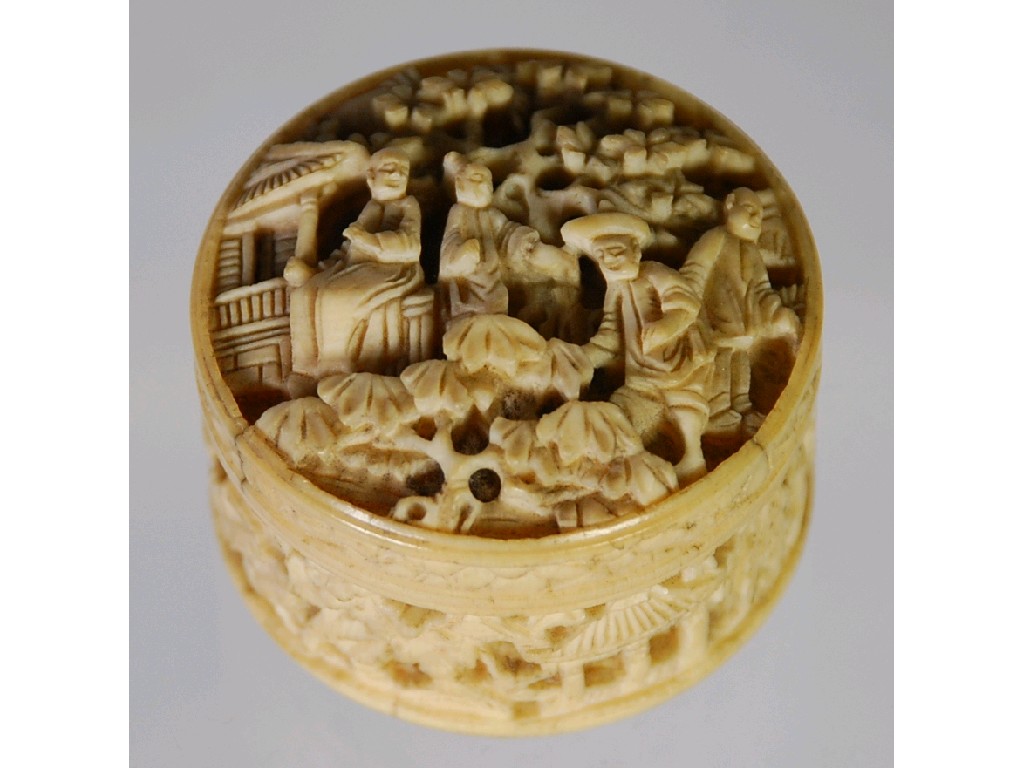 Appraisal: ORIENTAL CARVED IVORY 'DREAM' BOX circular with screw off top