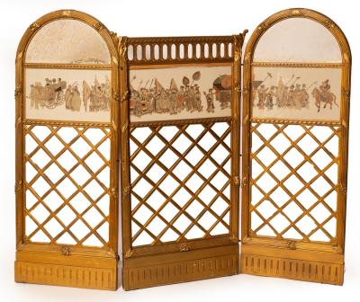 Appraisal: A three-fold gilt framed screen the arched top panels enclosing