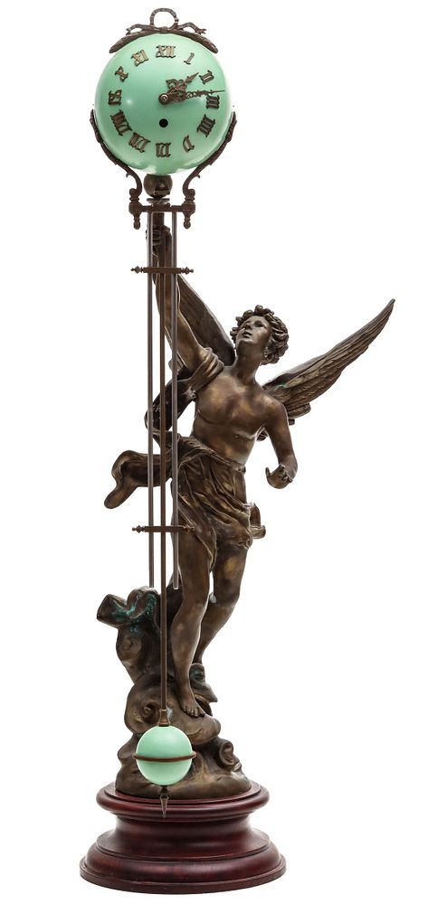 Appraisal: A DRAMATIC ANTIQUE MYSTERY CLOCK WITH WINGED FIGURE The large