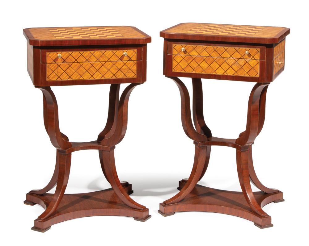 Appraisal: Pair of Biedermeier-Style Parquetry Work Tables chamfered lift top fitted