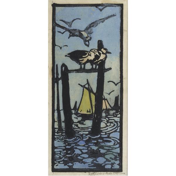 Appraisal: FRANCES GEARHART American - Color woodblock print depicting seagulls on