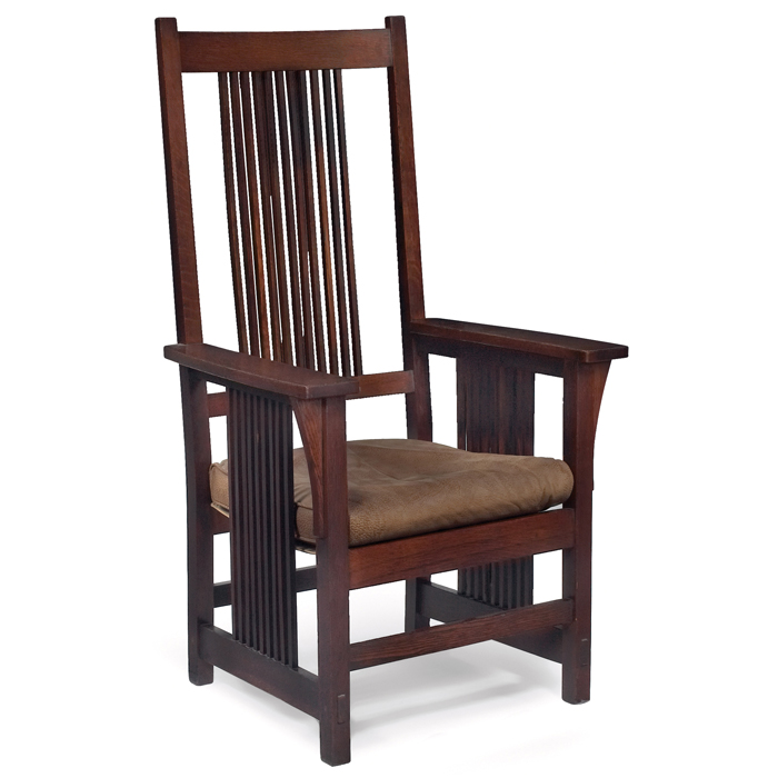 Appraisal: Gustav Stickley armchair dramatic high-back form with spindles at back