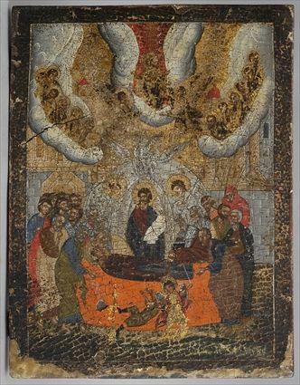 Appraisal: RUSSIAN PAINTED WOOD ICON Depicting the Virgin with attendants and