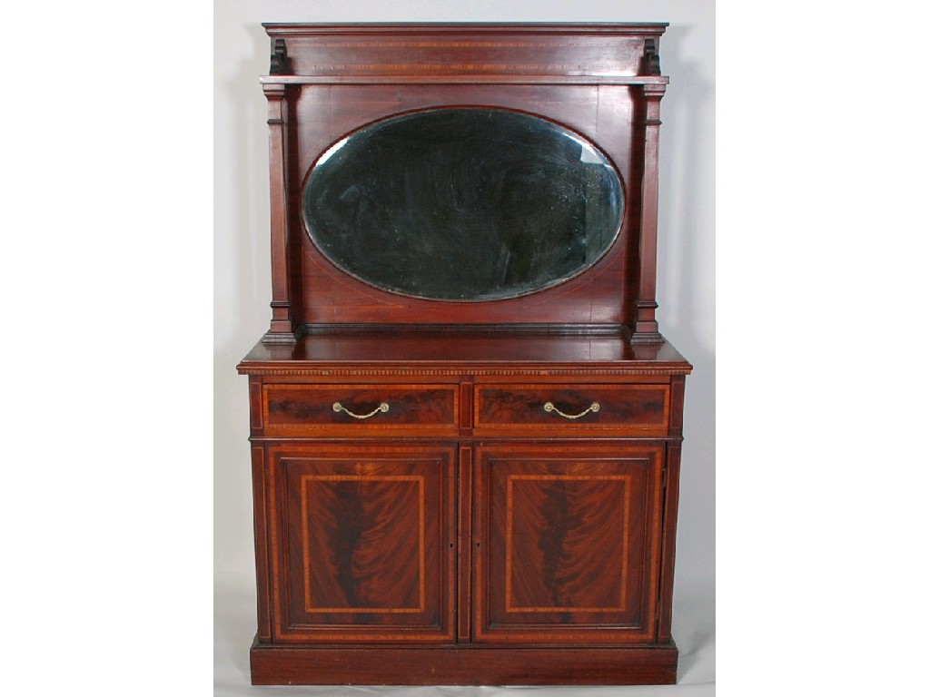 Appraisal: EDWARDIAN LINE INLAID MAHOGANY MIRROR BACK SIDEBOARD the moulded oblong