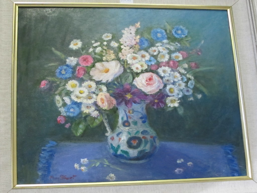 Appraisal: MARY STEWART Oil on board 'Flowers with Clematis' signed recto